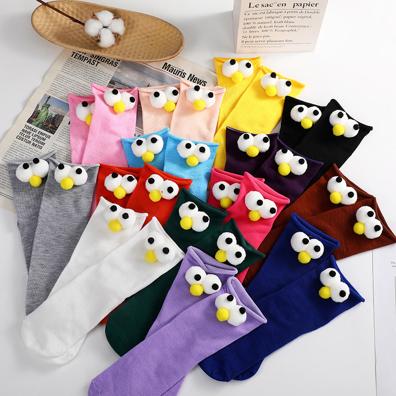 Tiktok popular 3d three-dimensional big eyes socks women's candy-colored dopamine mid-calf socks Sesame Street curling socks in stock