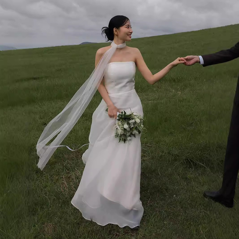 Korean-style Strapless Light Wedding Dress Mori-style Organza Satin Simple High-end Sense Travel Photo Super Fairy Photo Studio Photo Dress for Women