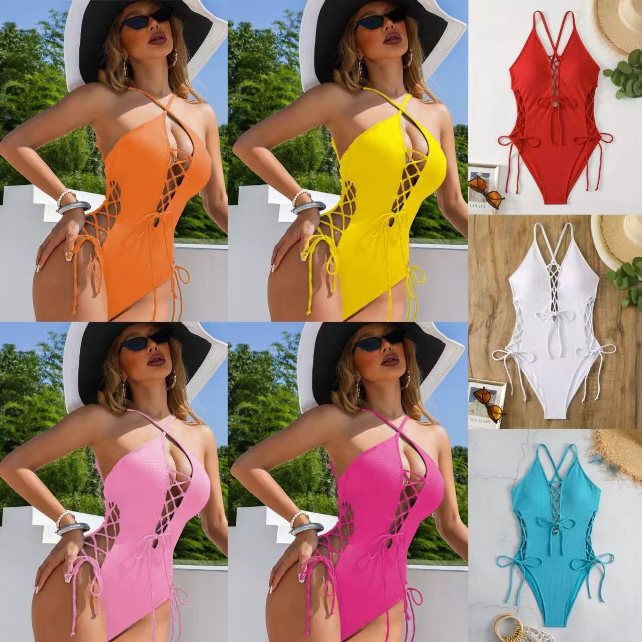 欧美爆款性感露背游泳衣女跨境亚马逊复色连体泳装抽绳泳装比基尼