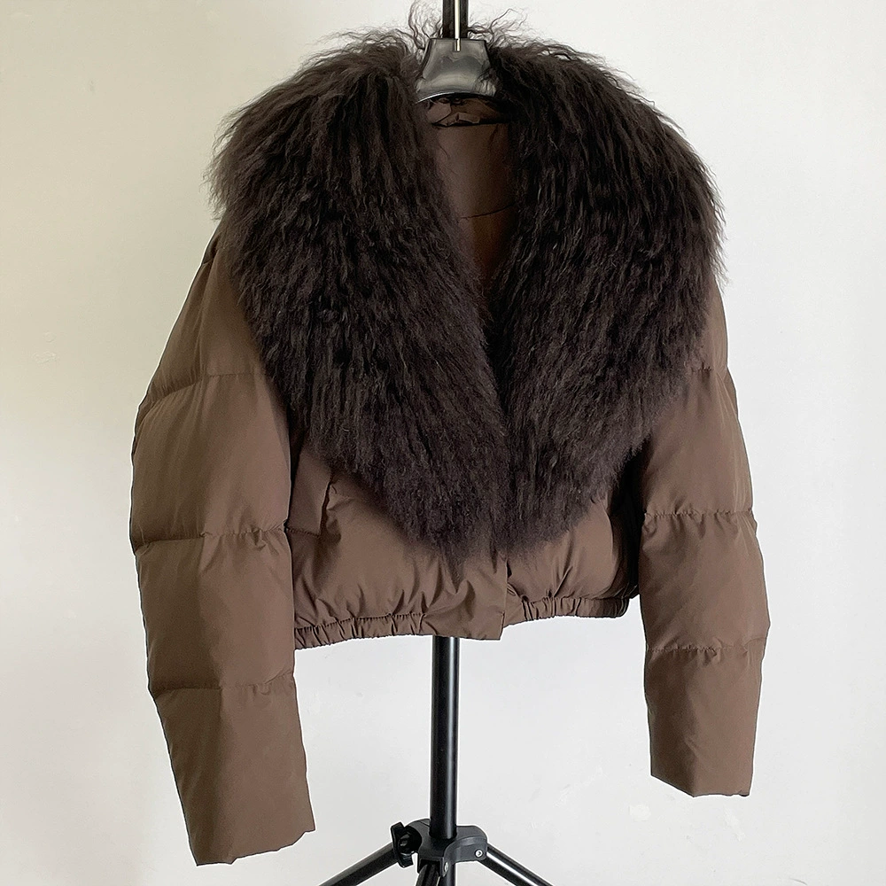 Down jacket Elite, velvet‑woolen shell, white duck down fill, detachable lamb‑wool collar