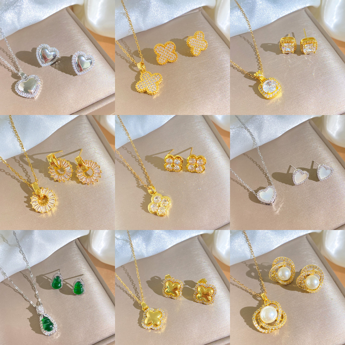 [Set] Fashionable cross-border cubic zirconia necklace and earring set, four-leaf clover design, fully studded with diamonds, versatile and luxurious jewelry