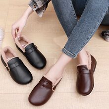 春夏休闲棉鞋皮面防水保暖靴子时尚百搭一脚蹬女士加绒加厚女棉靴