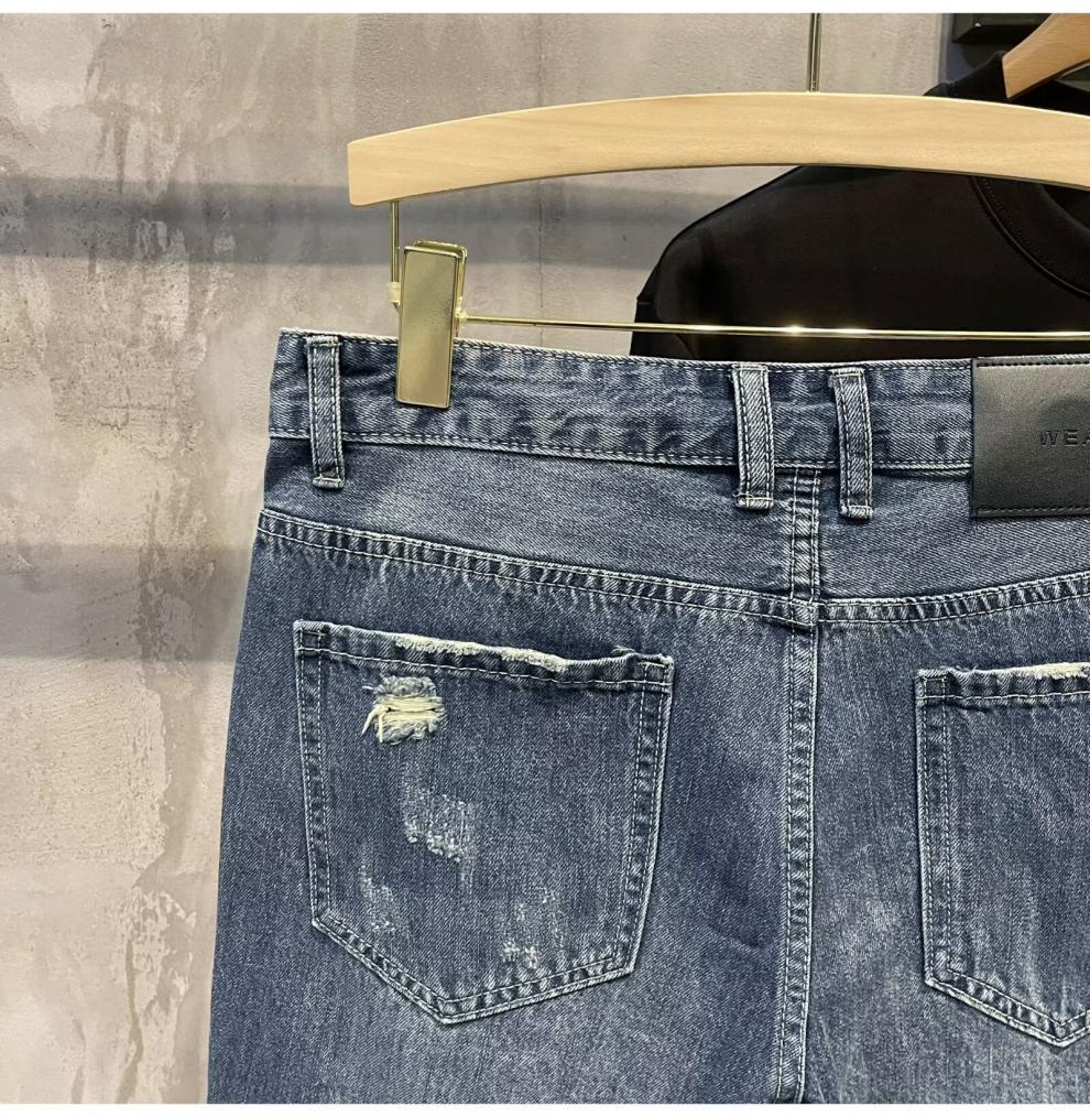 Men's Ripped Denim Shorts Casual Loose Fit Washed Perforated Straight Leg Mid Waist Trendy Summer Style Cotton Five Point Pants_mkmklike.com