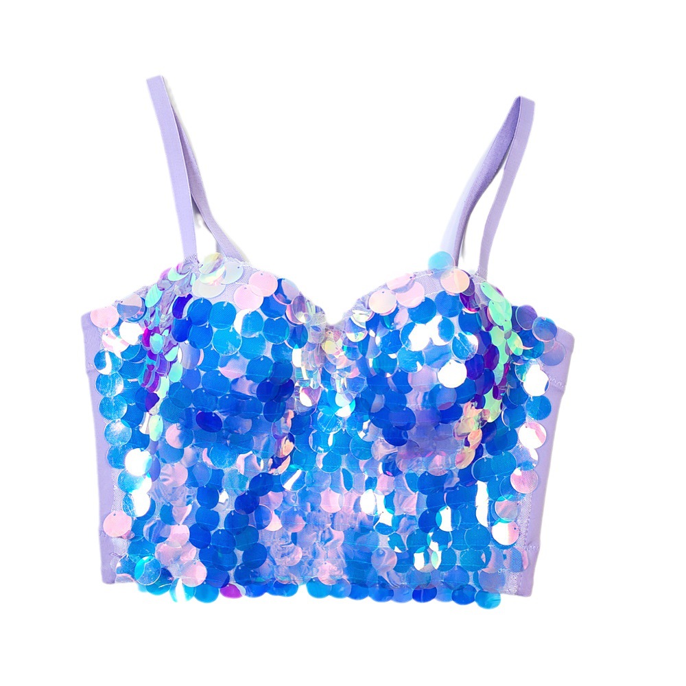 Amazon AliExpress corsé Fishbone sujetador desgaste exterior lentejuelas correa de cuentas coloridas escamas pescado envuelto chaleco pecho