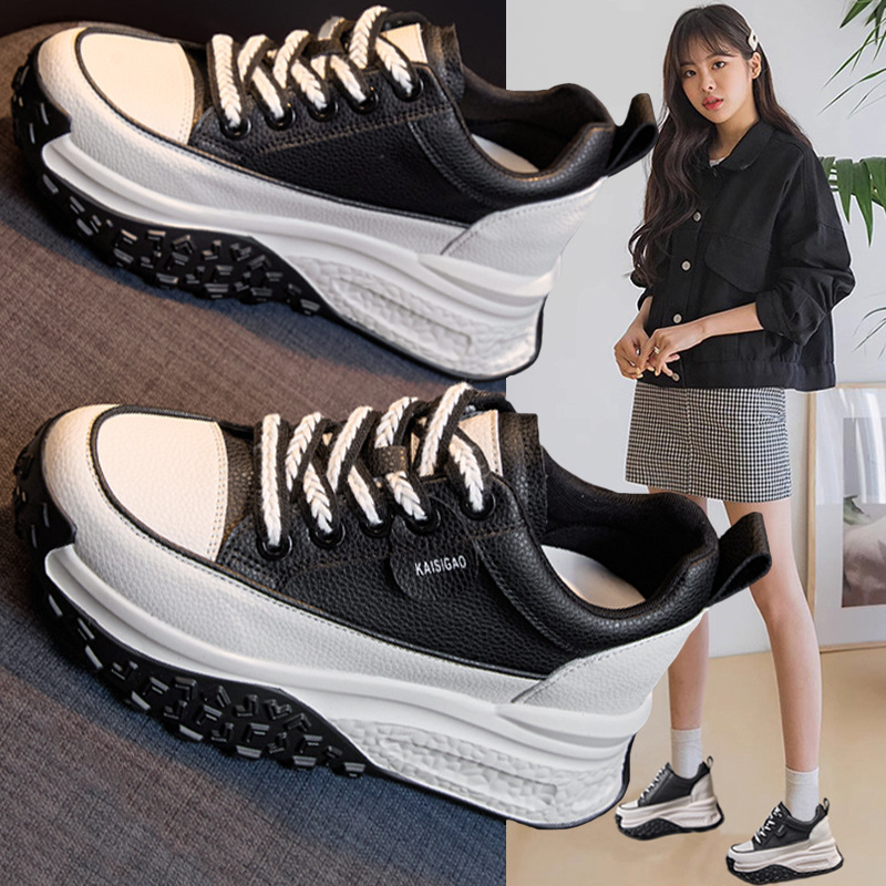 厚底小白鞋女2025新款春秋季休闲运动百搭增高老爹鞋皮面松糕爆款|undefined