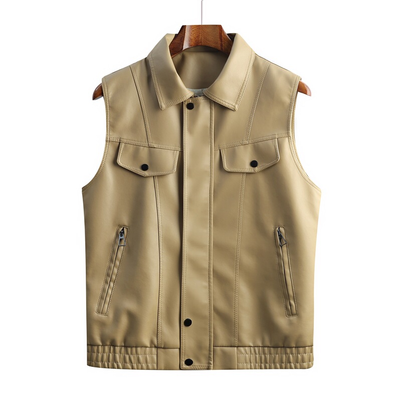 New cross-border Amazon high-quality men's PU leather vest with zipper and buttons, men's European and American style motorcycle leather vest