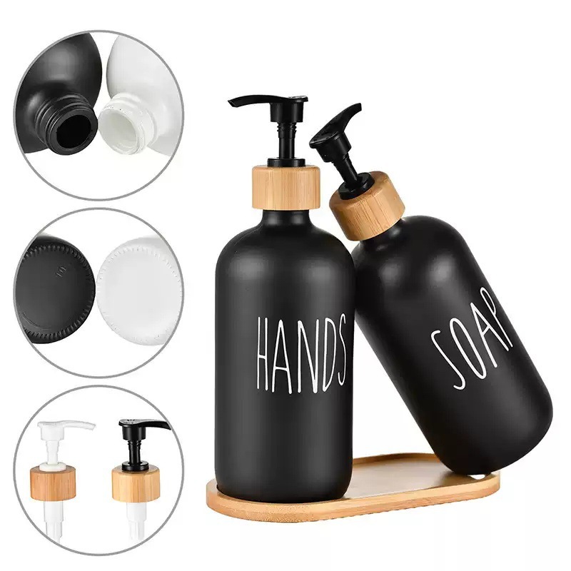 Bomba de desinfectante de manos Amazon Glass Boston botella de dispensador de jabón con tapa de madera en blanco y negro botella de champú 500ml