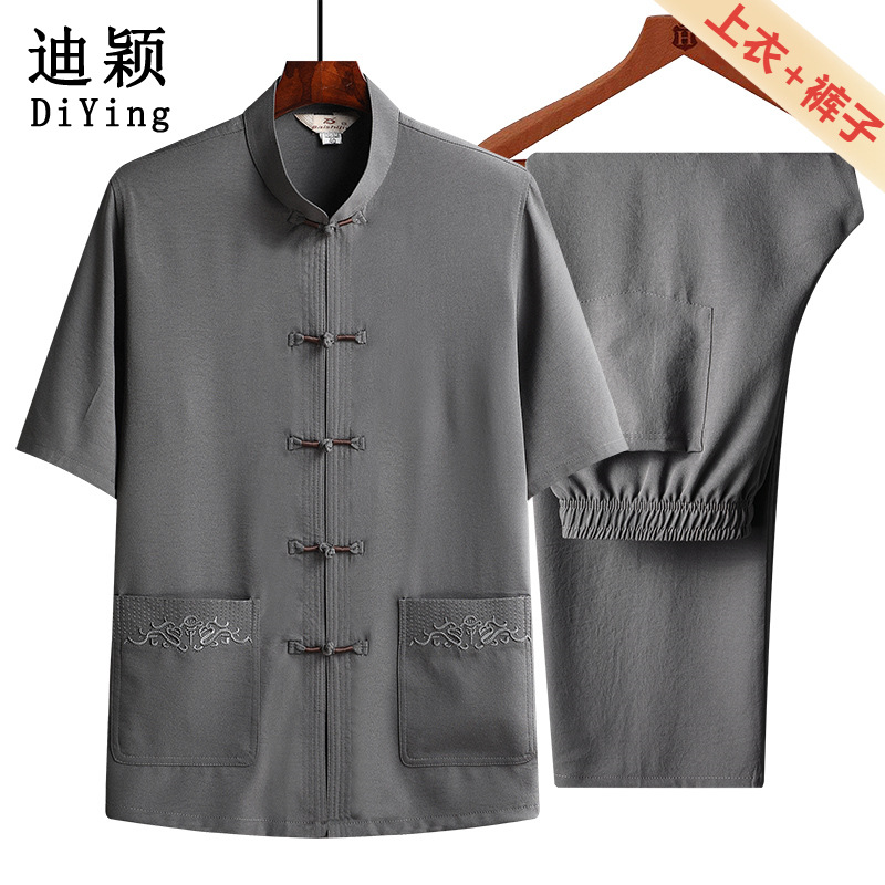Summer men's short-sleeved suit for fathers, 50-year-old men's summer two-piece summer clothing, middle-aged and elderly men's clothing, new Chinese style clothing, plus size.