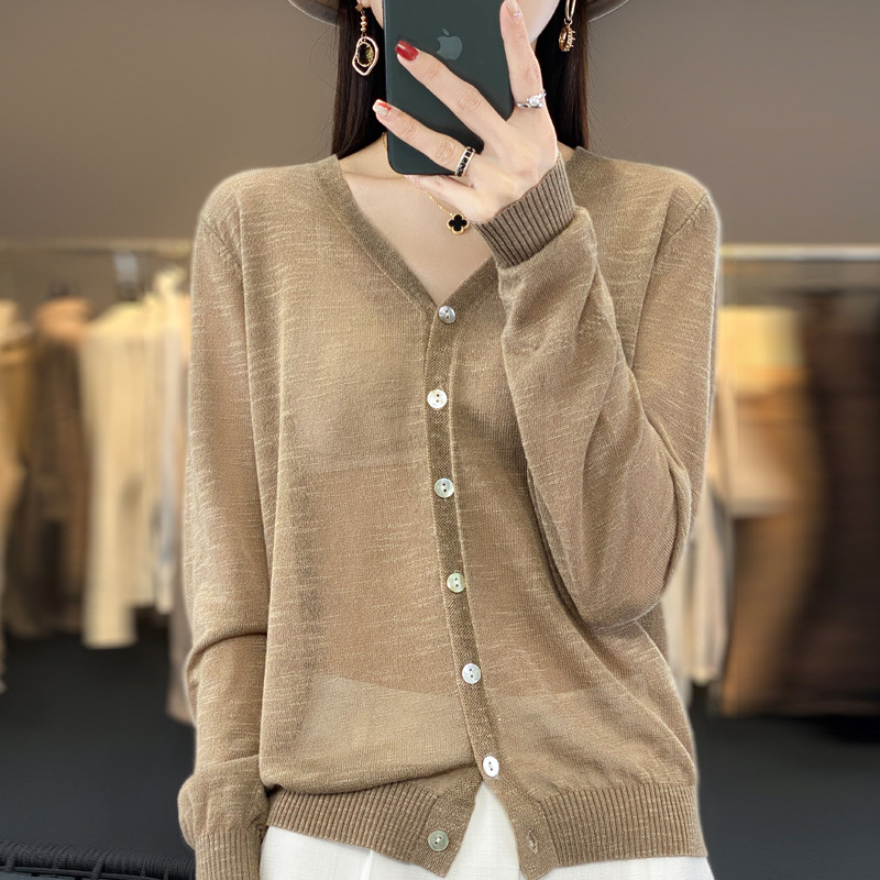24 Summer New Ice Silk V-neck Knitted Sunscreen Cardigan Women's Thin Loose Solid Color All-match Blouse Air-conditioning Shirt