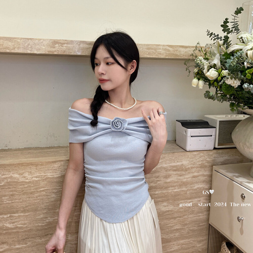 French 3D flower design unique and exquisite one-shoulder top for women in summer slimming knit shirt 