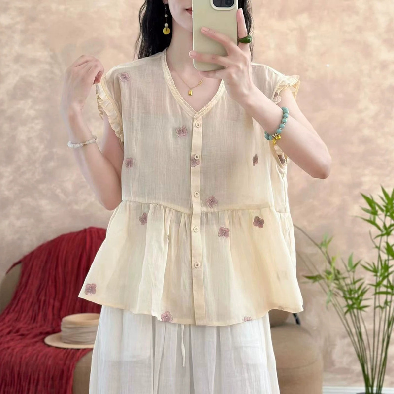Ramie Embroidered Lace Cuff Shirt 2026 Artistic Fresh Sweet V-Neck Youthful Lightweight Versatile Cardigan Top