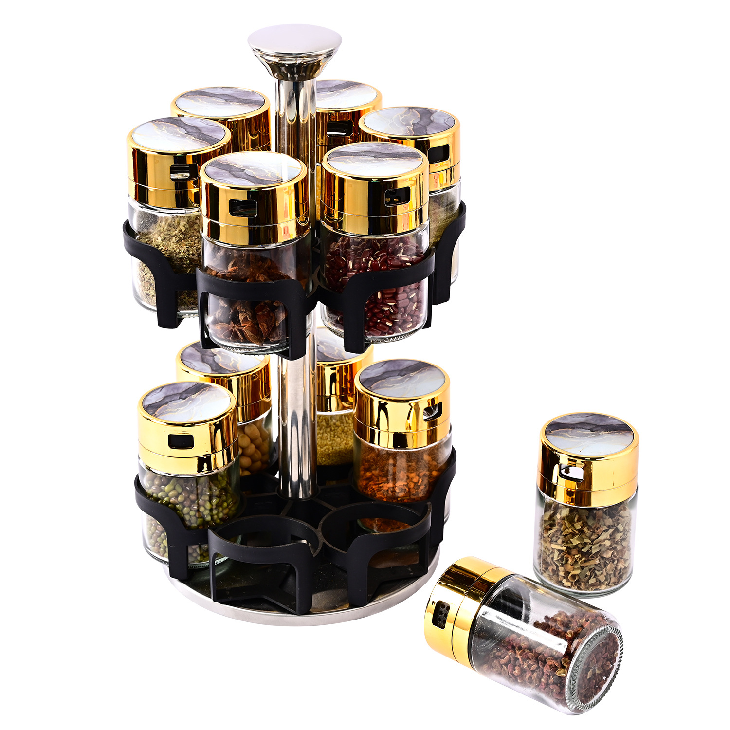 Creativo nuevo lujo ligero condimento rack traje a prueba de fugas vidrio condimento tarro sal tarro rotatorio condimento botella cocina suministros