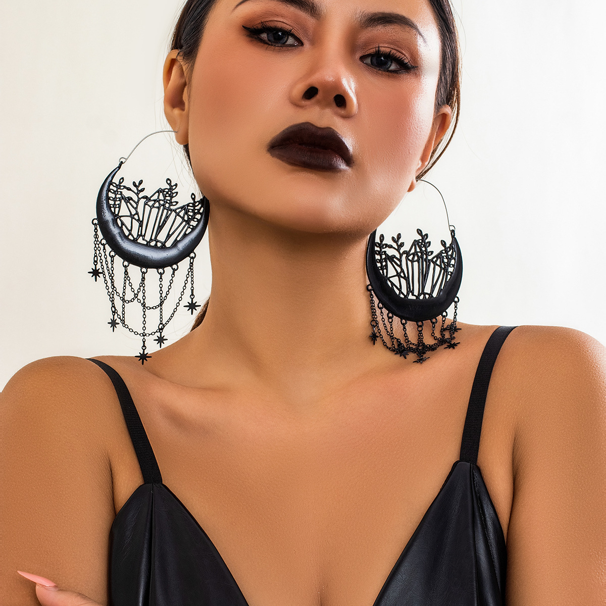 Halloween floral hollow fringed stud earrings, gothic flower basket star personalized earrings_voghion.com
