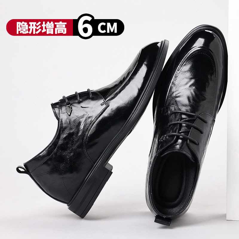 Giày da nam công sở mũi nhọn buộc dây, da bò lớp đầu, đế mềm thoáng khí, tăng chiều cao bên trong — màu đen