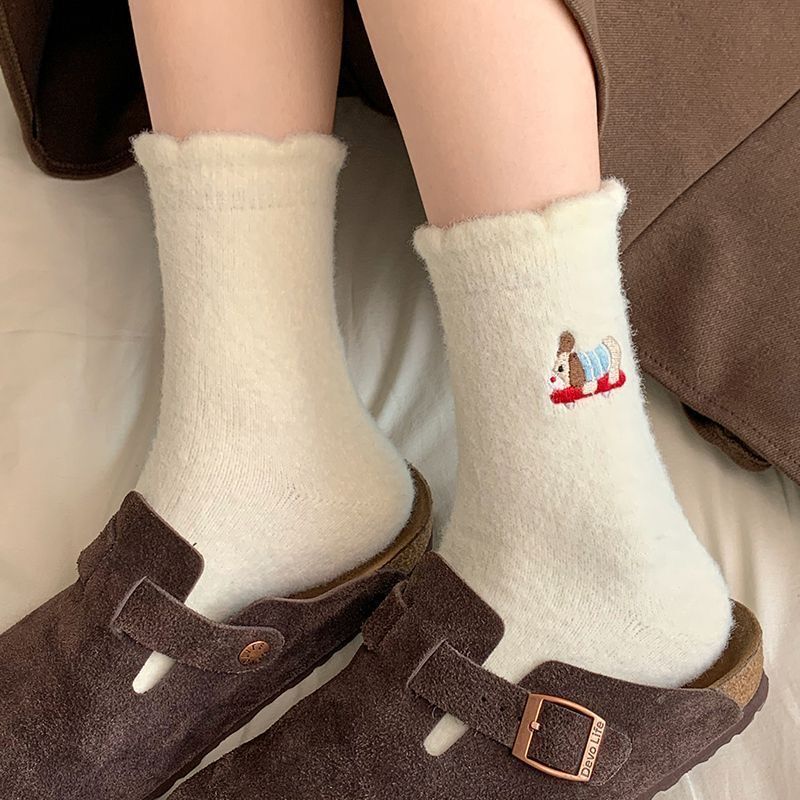 加绒加厚秋冬保暖蓄热刺绣暖绒女生中筒袜卡通少女可爱小狗睡眠袜|undefined