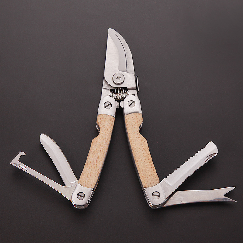 不锈钢树枝剪木柄弯柄四合一多功能剪铁皮剪便携户外钳花园剪批发