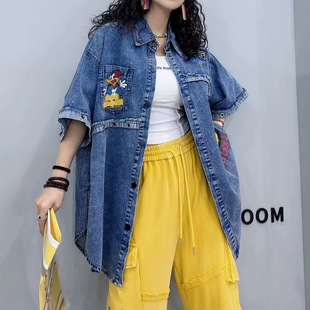 Vintage Hong Kong Style Cartoon Embroidered Washed Short-sleeved Denim Jacket 2025 Summer Lazy Loose Outer Lovers Top