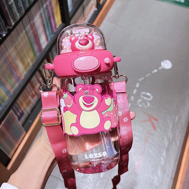 Strawberry Bear Children's Water Cup, Tritan High-Endurance, Large Capacity Plastic Cup for Girls, Outdoors Shoulder Strap Portable Water Bottle