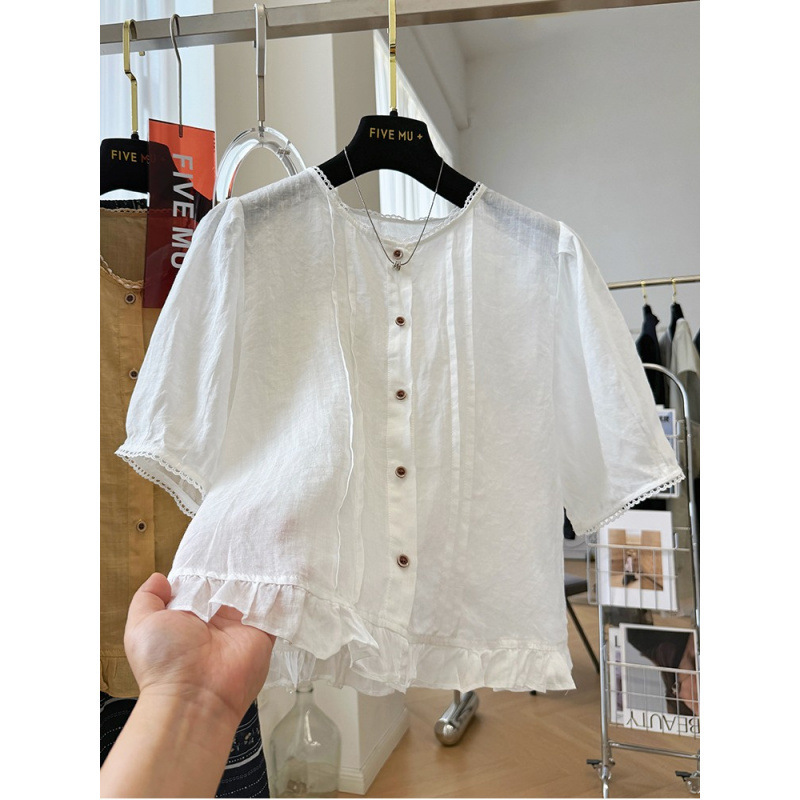 フレンチリネンラウンドネック半袖シャツ女性用夏薄いニッチ多用途ルーズコットンとリネンシャツトップ|undefined