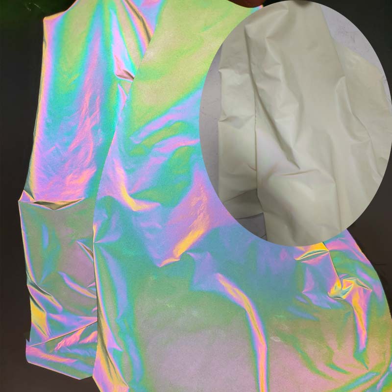 新款米白色幻彩炫彩高亮反光化纤布雨伞布涤纶反光面料 可定制颜