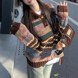 彩色针织毛衣小众感女软糯复古长袖大版宽松新款设计感上衣2025