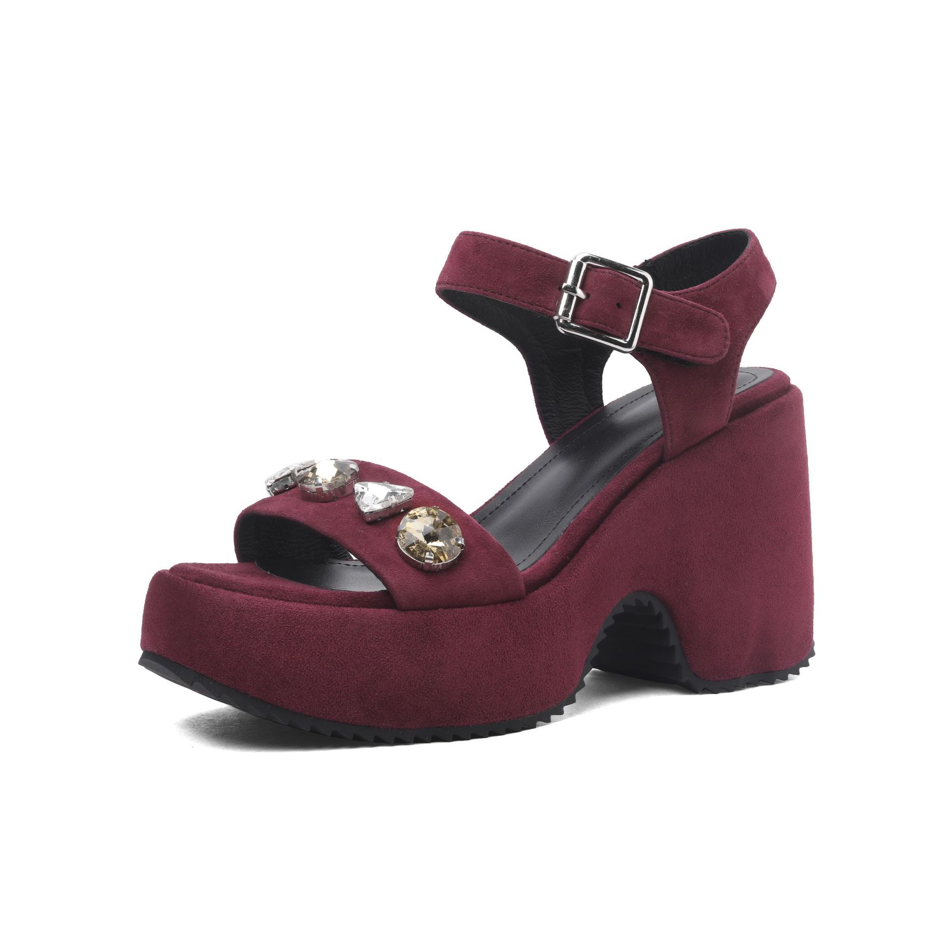 Sandal cao gót nữ quai ngang đế dày, mũi hở, phối đá lấp lánh, gót 9 cm — màu đen, Rượu vang đỏ