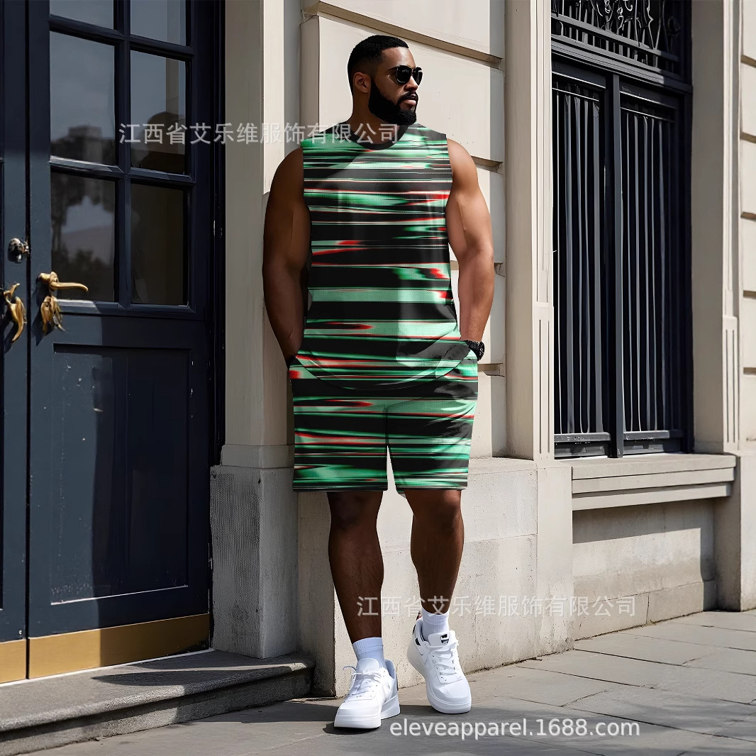 跨境男士圆领背心短裤套装3D数码印花美国本土风格整印标码运动套
