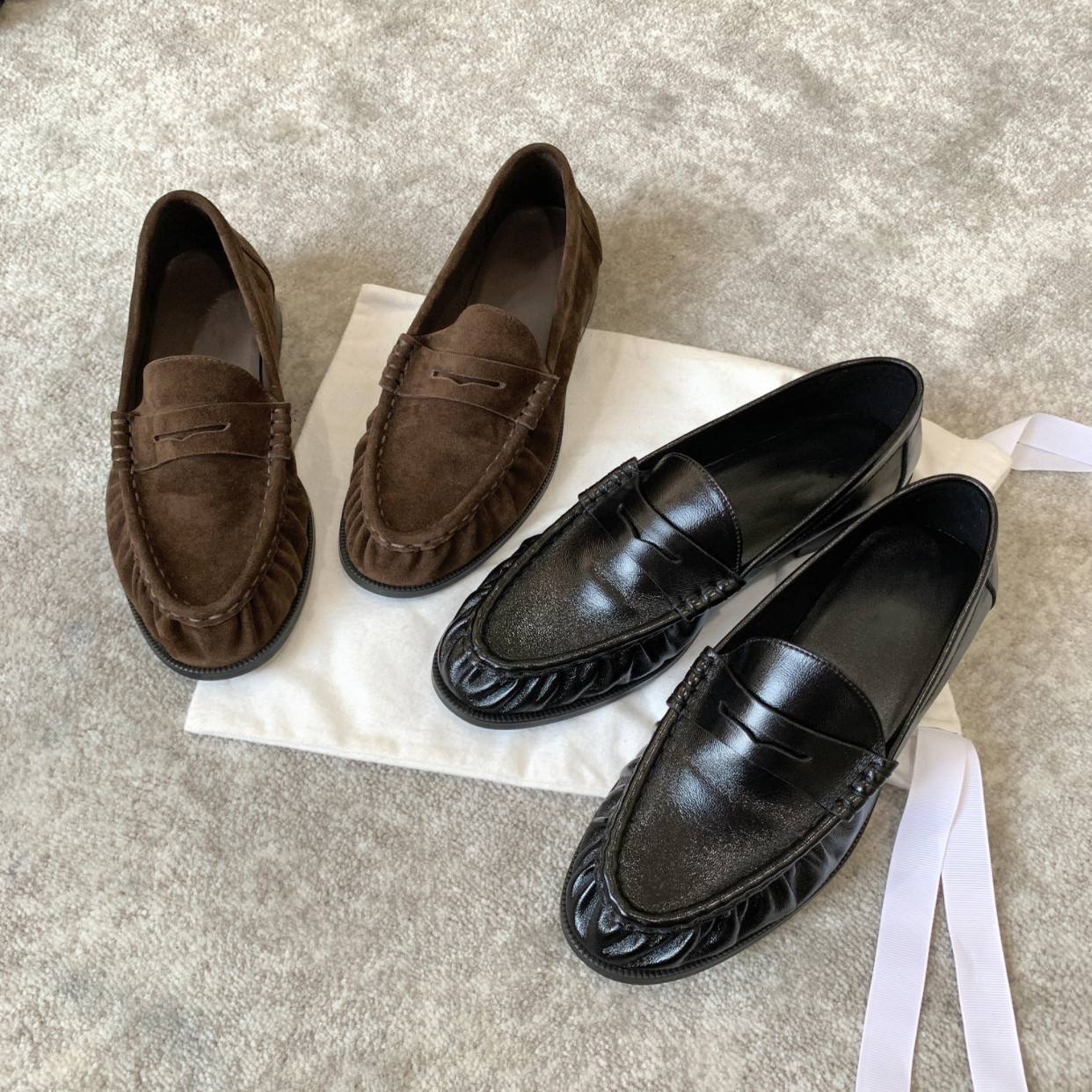 Qadın retro süet loafer, qalın dabanlı, yumru burun