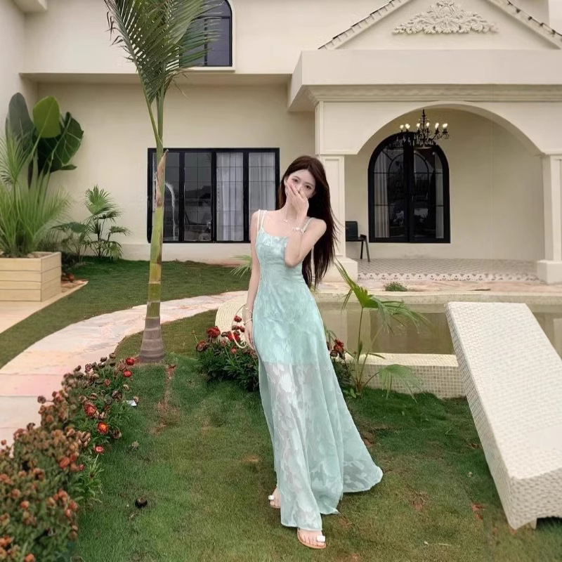 Seaside Holiday Style Green Sling dress Women's Summer Elegant Mesh Stitching Waist Slimming A- line Skirt Long Skirt