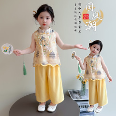 女の子の新しい中国風スーツ夏服 2025 新しい子供服漢服西洋スタイル少女チャイナドレス中国風ツーピースセット