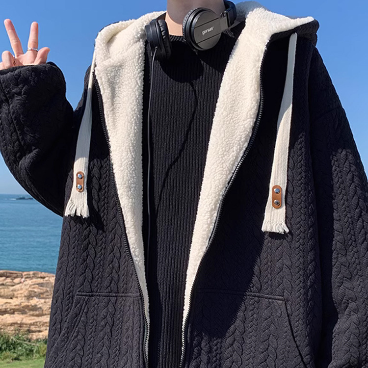 2025 nuevo estilo con capucha primavera y otoño gris principios de otoño chaqueta de suéter de estilo perezoso chaqueta de hombre cárdigan con cremallera principios de otoño