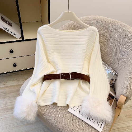 Foreign trade casual style pullover sweater with belt for women, 2026 autumn and winter, off-shoulder collar with fluffy sleeves, patchwork knit top Foreign trade casual style pullover sweater with belt for women, 2026 autumn and winter, off-shoulder collar with fluffy sleeves, patchwork knit top