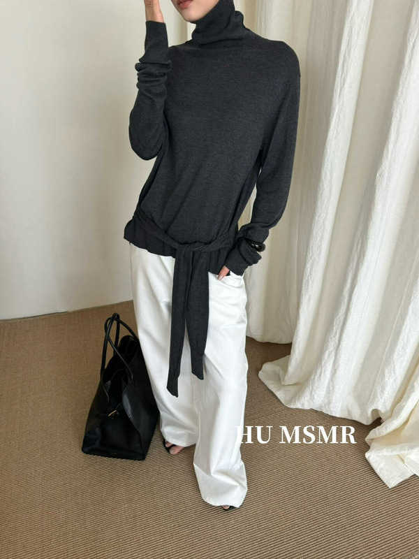 广州十三行HUMSMR秋上新高领绑带中长长袖针织衫H635|undefined