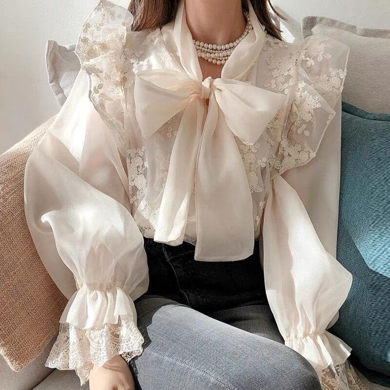 Autumn New Korean style fashionable slim-fit elegant lace high-grade bow shirt women's top shirt Women's Autumn New Korean style fashionable slim-fit elegant lace high-grade bow shirt women's top shirt Women's