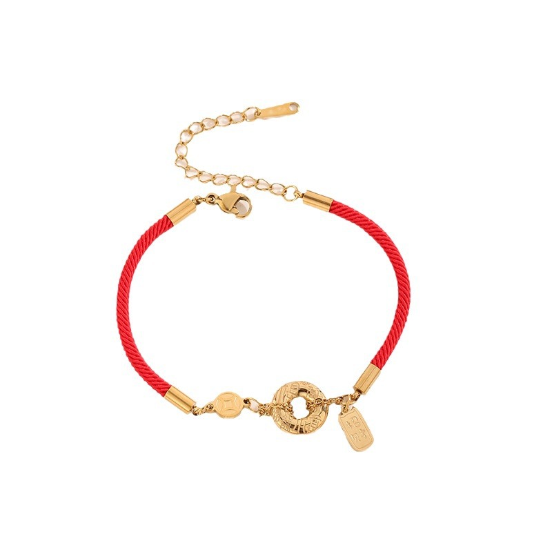 Pulsera de Acero de Titanio con Moneda de Cobre, Estilo Nuevo, Lujo Ligero, Hilo Rojo de la Fortuna, para Mujer, Pulsera Festiva Simple con Moneda Dorada.