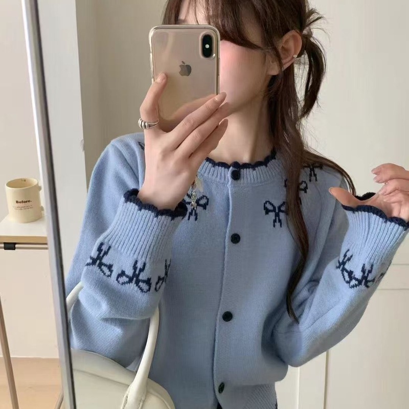 韩版慵懒软糯撞色蝴蝶结保暖毛衣开衫女秋新款显瘦外搭上衣|undefined