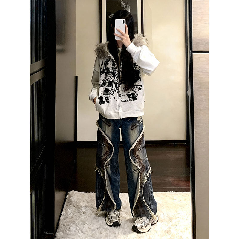 Western-Style Millennium Yk Spicy Girl Street Fashion Cool and Unique Patchwork Loose Versatile Casual Washed and Distressed Jeans
