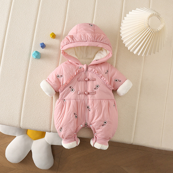Abrigo de una pieza con tapeta con cremallera para bebé, engrosado y vellón con capucha 6-12 meses de salida, mamelero de algodón grueso bordado con capucha