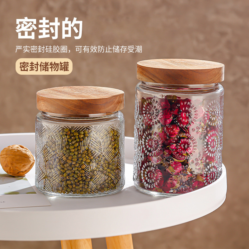 Tarro de almacenamiento de flores de Begonia vintage con tapa de madera tarro de almacenamiento tarro de vidrio sellado granos de té de frutas secas fábrica al por mayor