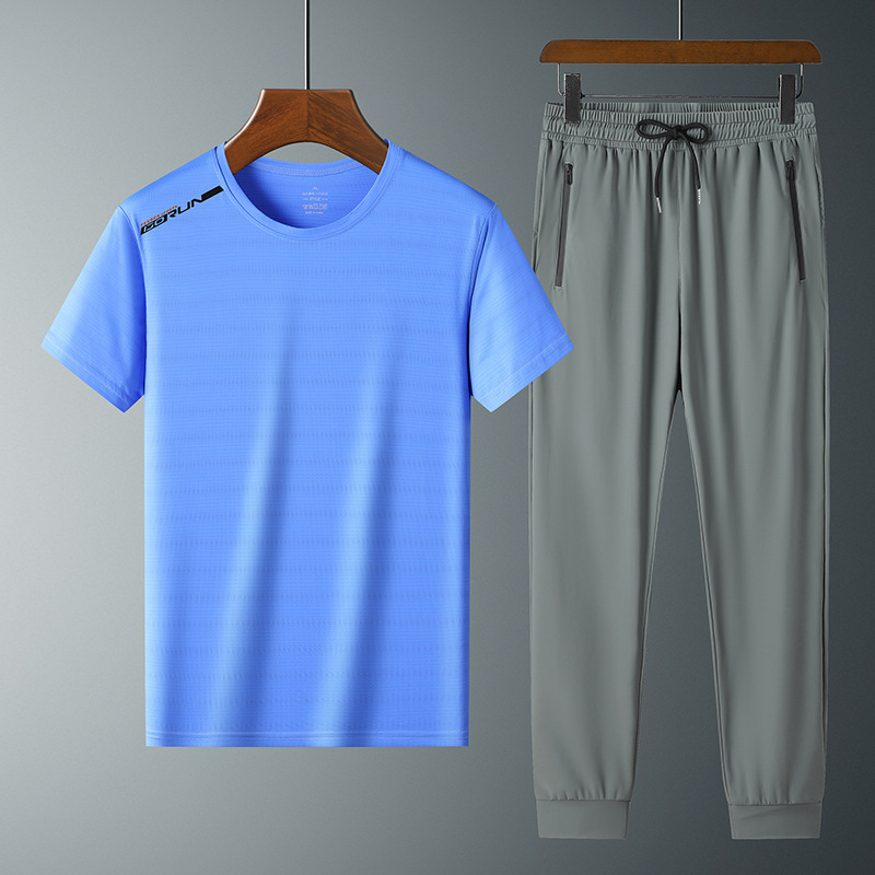 Moda pantalones de seda de hielo cuello redondo Camiseta de dos piezas para hombres talla grande suelta de secado rápido traje deportivo LOGO se puede formular