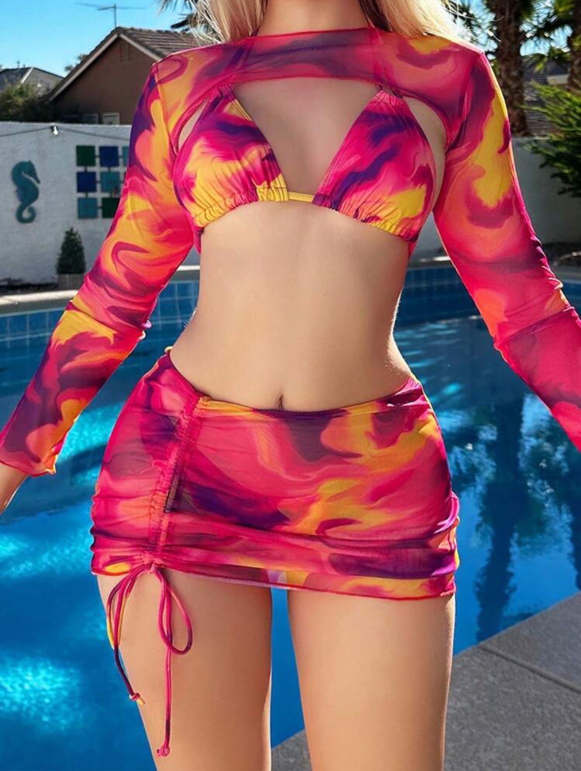 En stock 2024 nuevo bikini europeo y americano tie-dye impreso de cuatro piezas traje de baño bikini traje de baño femenino sexy