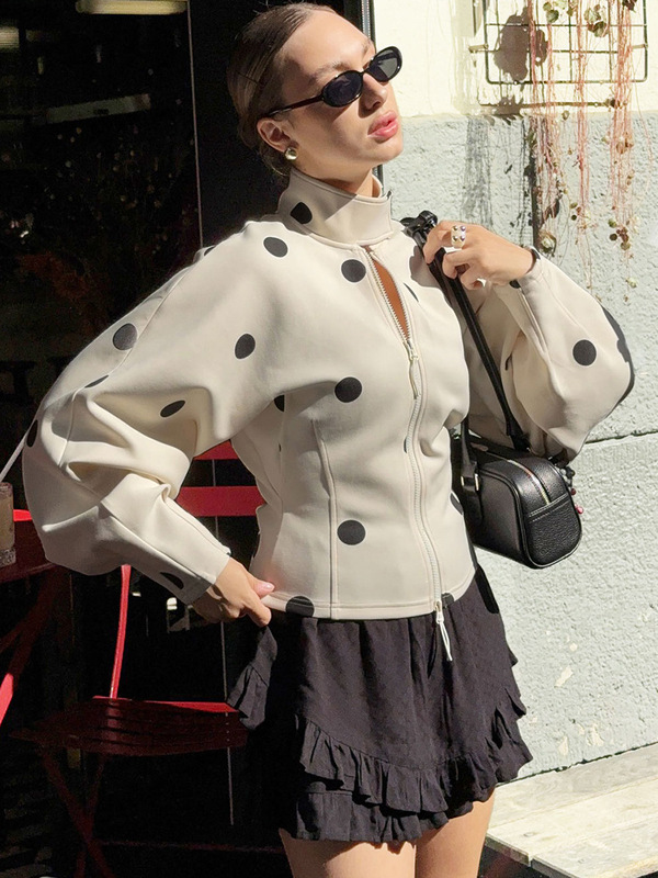 秋冬新款波点收腰外套女设计感高领拉链夹克气质时尚2025跨境通勤|undefined