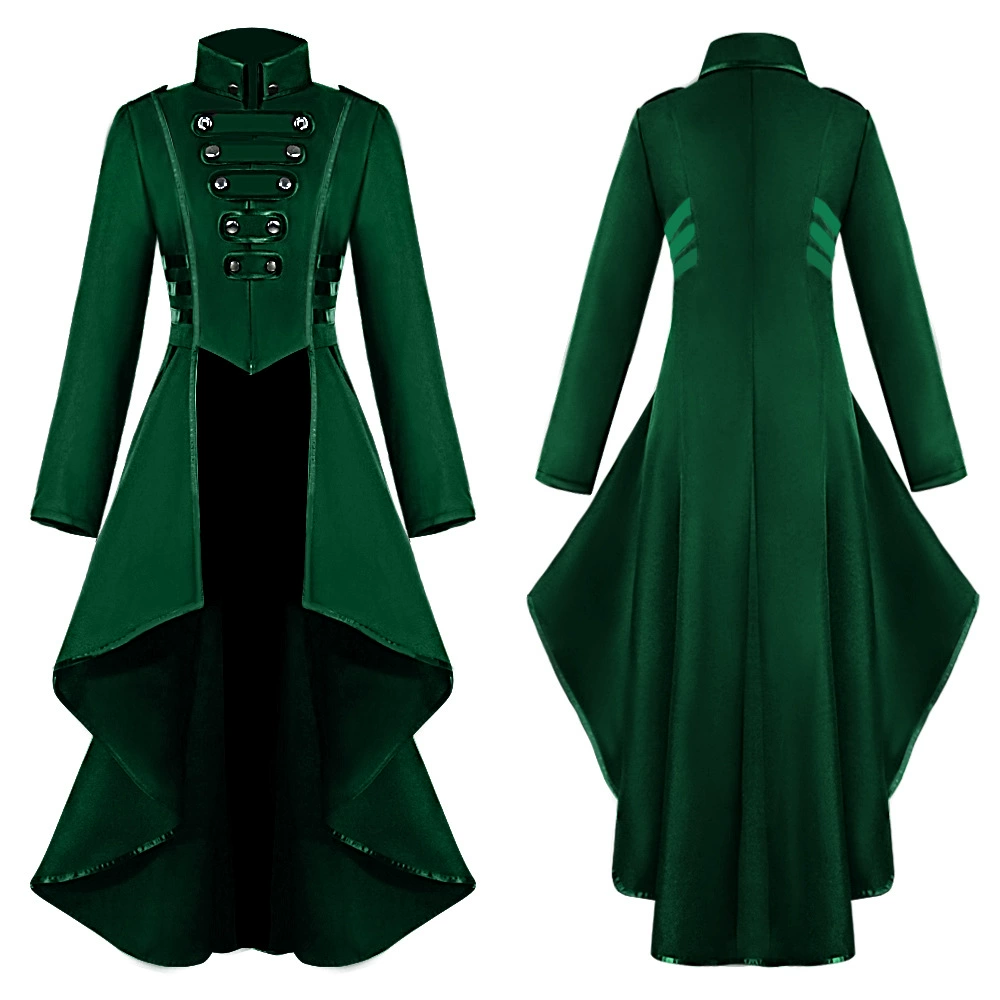 Evening Dress European Style, Long Sleeve High-Low Hem with Military Button Detail, Multi-Color