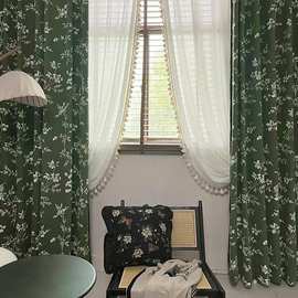 新款中古落地窗风美式复古高级遮光窗帘雪尼尔提花飘窗垫卧室客厅