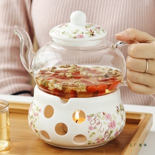 Ceramic Flower Teapot, Flower Tea Set, Transparent Cup, Glass Flower and Fruit Teapot, Heat-Resistant Candle Heating Set