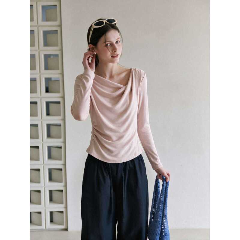Light pink ruffled collar, pleated waist, long-sleeved top for women, spring and autumn French-style gentle T-shirt, slim-fit base layer Light pink ruffled collar, pleated waist, long-sleeved top for women, spring and autumn French-style gentle T-shirt, slim-fit base layer
