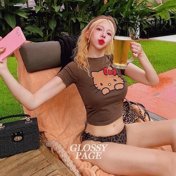 韩国东大门新款三件套黑皮kitty可爱卡通纯欲性感气质分体泳衣女