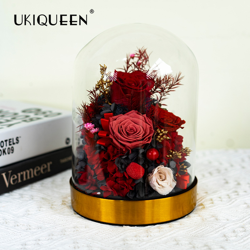 Base de oro rosa con cubierta de cristal para flor eterna, producto terminado, éxito de ventas transfronterizo en Amazon, decoración para el hogar, adorno de alta gama.