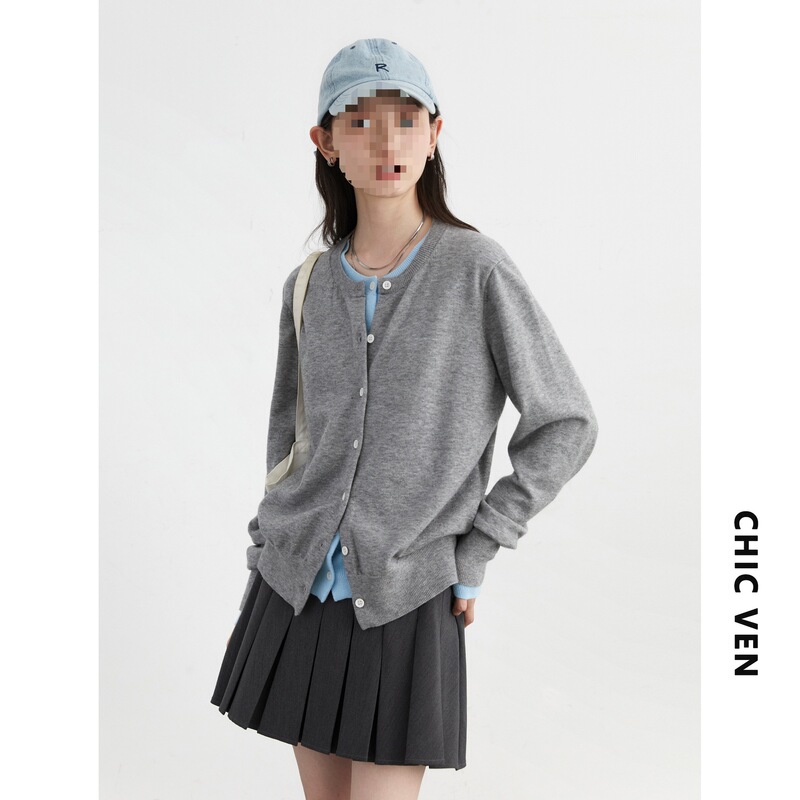 Chicven "Informal College Style" Contrast Color Round Neck Fake Two-Piece Knitted Cardigan Long Sleeve Sweater for Women