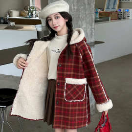 儿童加绒外套2025新款冬季洋气时髦中大童韩版格子连帽加厚呢大衣